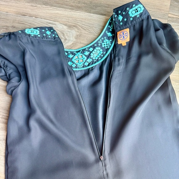 Tory Burch Lottie Turquoise Embroidered Yoke Black Silk Shift Mini Dress Size 12 - Picture 14 of 16